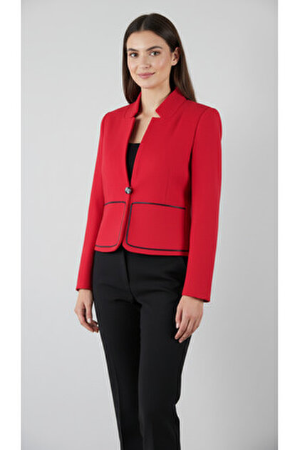 Quzu Yazı Şeritli Tek Düğmeli Crop Blazer Ceket Lacivert - Fiyatı