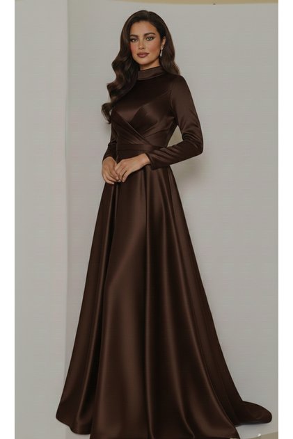 Drape Detaylı Saten Kumaştan Tesettür Abiye