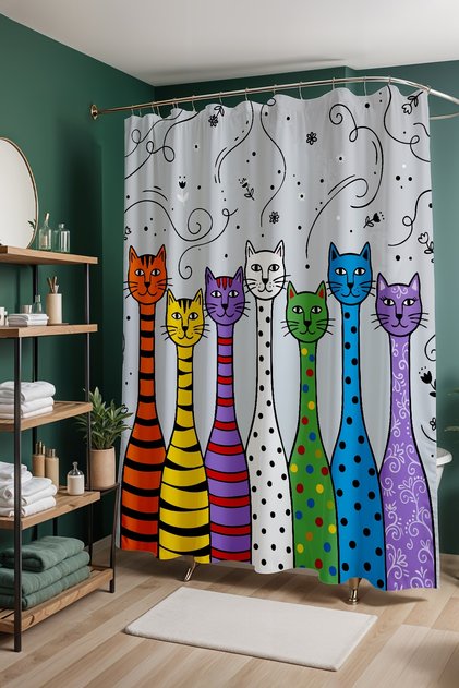 Bathroom Curtain, Cheerful Cats Patterned Shower Curtain, Bathtub Curtain 175X200Cm
