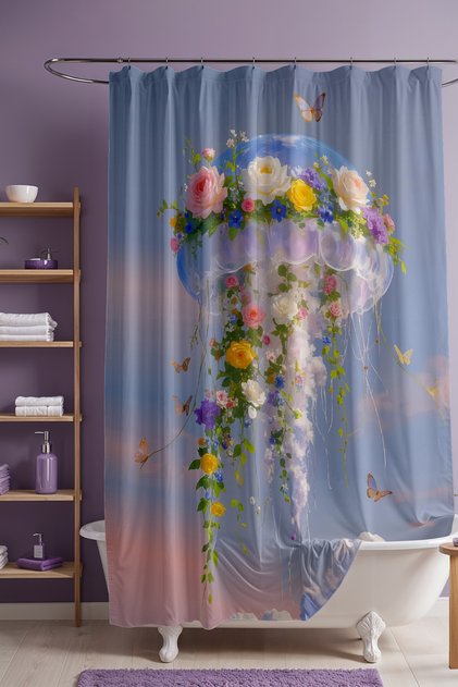 Bathroom Curtain, Floral Transparent Patterned Shower Curtain, Bathtub Curtain 175X200Cm