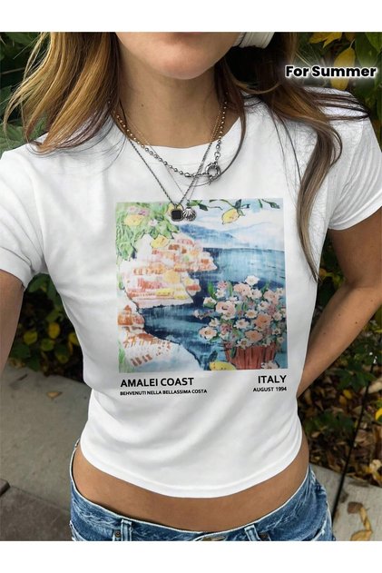 Women's Italy Printed Basic Daily Use Slim Fit T-Shirt