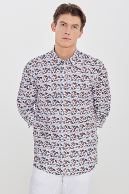 Men's Beige-Navy Blue 100% Cotton Slim Fit Button-Down Collar Printed Shirt