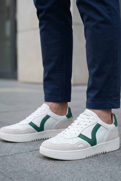 White Men's Sneaker - Green V Logo Suede Detailed Comfortable Casual Shoes-C2