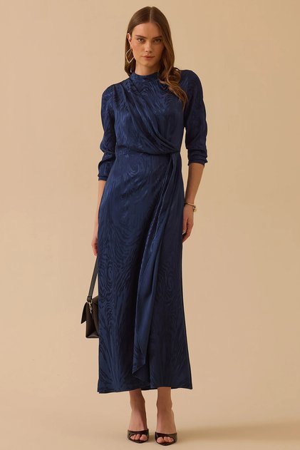 Rochie lungă de damă cu model și textură strălucitoare 1016 bleumarin