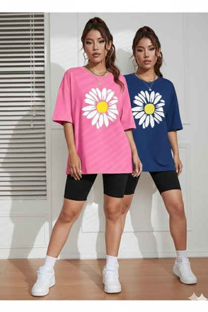 Pachet de 2 tricouri de damă cu imprimeu Daisy - Tricou oversize cu decolteu rotund