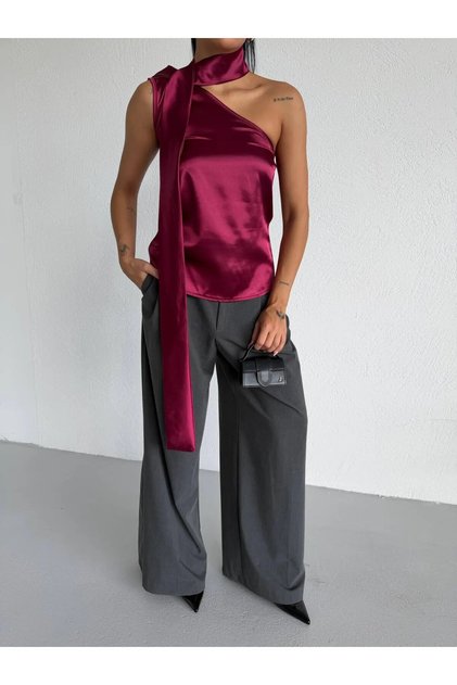 Women's Burgundy Satin Shawl Collar Neck Tie Asymmetrical Blouse Hzl26W-Fry123731