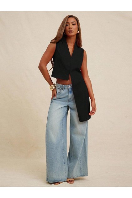Women's Black One-Sided Long Design Vest - Asymmetrical Cut Stylish Blouse