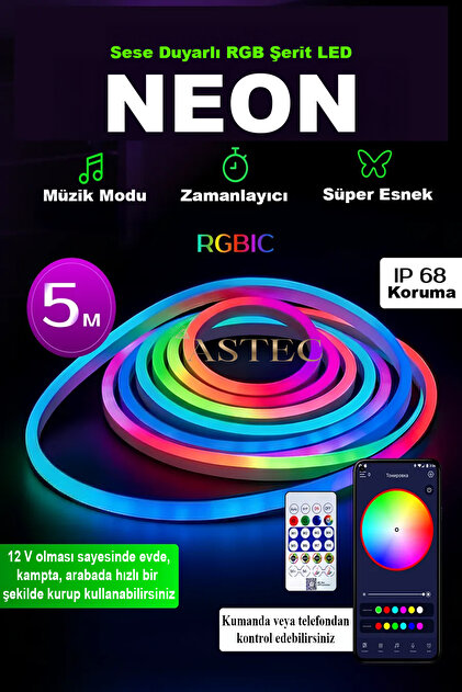 ASTEC Sese Duyarlı 12V Neon RGB USB Girişli LED 5 Metre Kumanda