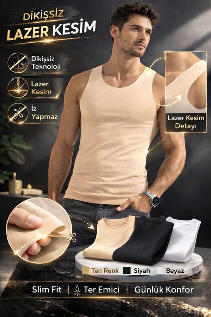 Berrak Erkek Lazer Kesim Görünmez Dikişsiz Atlet %85 Pamuk %15 Elastan – Slim Fit İz Yapmaz/ 2 ADET