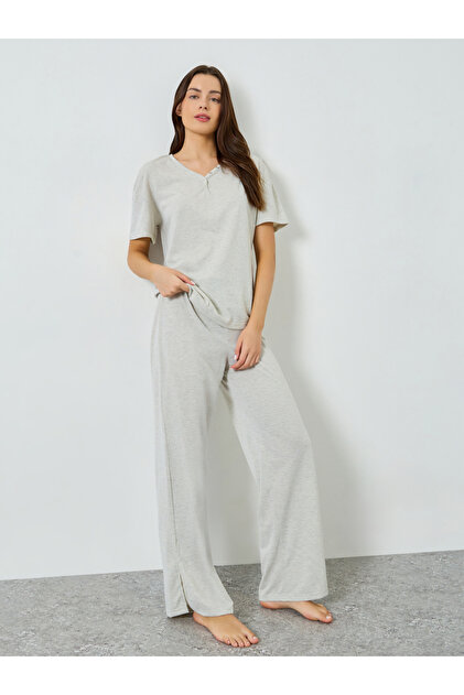 Drop Shoulder Placket Rivet T-Shirt and Straight Pyjama Set