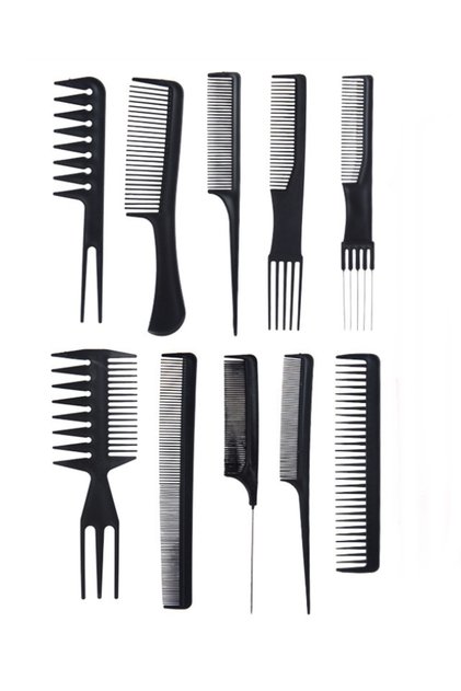 Professional 10-Piece Hair Styling and Cutting Comb Set - Hairdresser and Barber Type Black Grooming Set