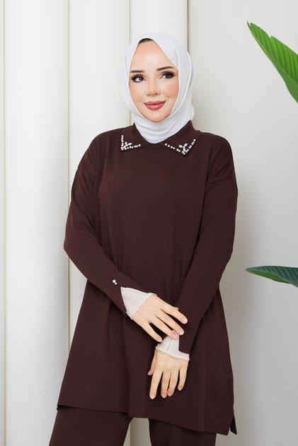 Women's Tulle Detailed Two-Piece Mercerized Knitwear Set with Trousers