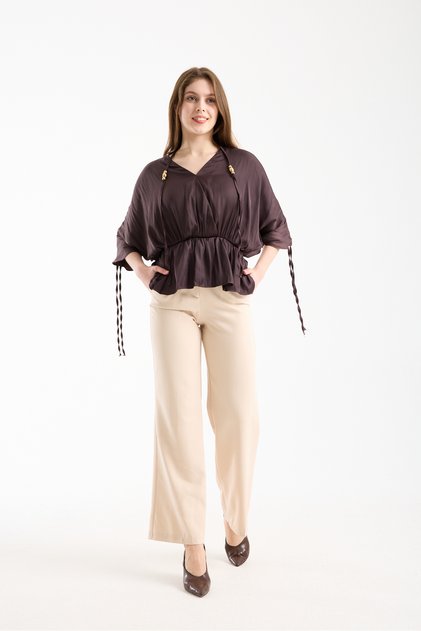 Satin Gathered Women's Blouse with Waist and Sleeve Details - Blouse Elegant Satin Gathered Top