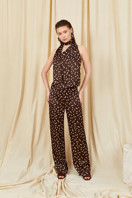 Women's Coffee 9083 Polka Dot Patterned Satin Wide-Leg Trousers, Scarf, Tie-Up Blouse Set