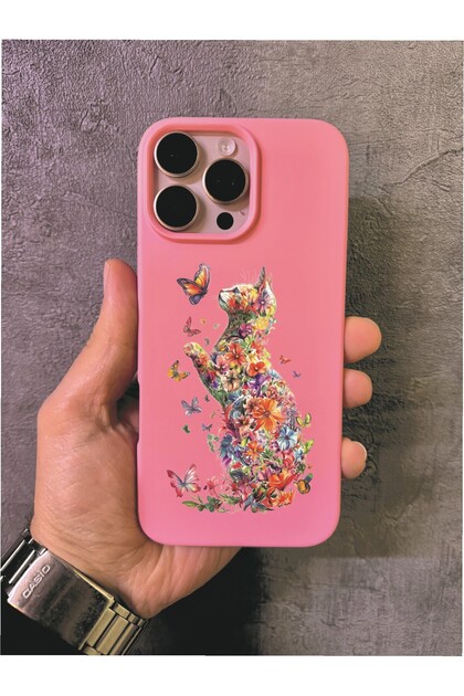 iPhone 13 Pro Max Compatible Pink Case with Butterfly and Floral Cat Theme