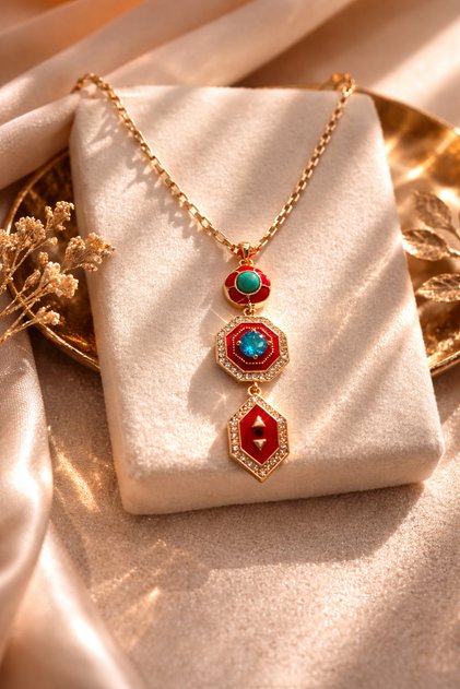 Women's Gold Color Chain Turquoise Stone Red Enamel Long Necklace