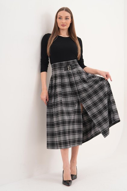 Women's Plaid Long Skirt with Slit Detail 260297 -