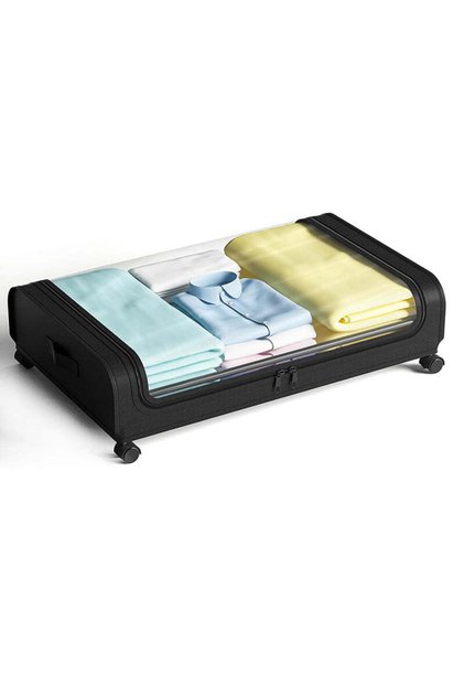 Organizator imbracaminte cu roti, metal/nylon, 50L, 80x43x16 cm, negru/transparent