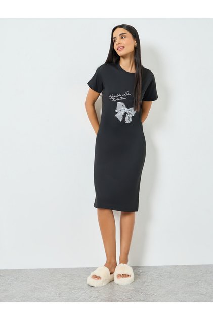 Black Printed Short Sleeve T-Shirt Dress