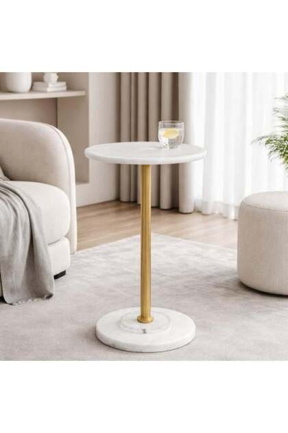 Single serving table with faux marble top and round base – steel column – gold/silver/black