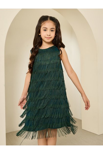 Dark Green Sleeveless Fringed A-Line Dress