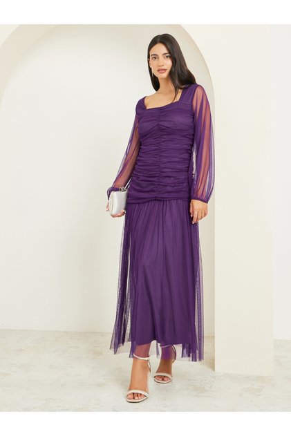 Purple Mesh Gathered Long Sleeves Maxi Dress