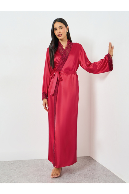 Red Lace Trim Long Sleeve Robe