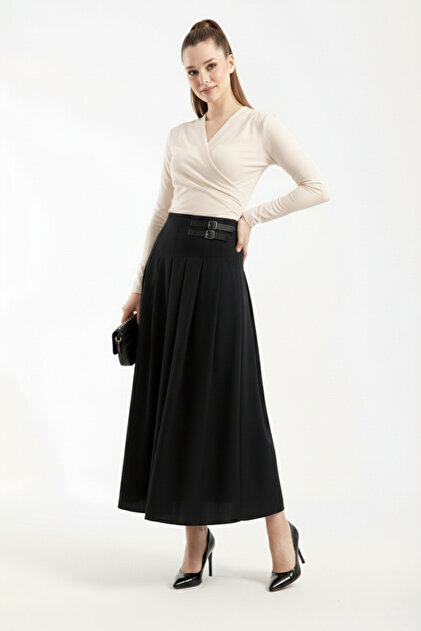 Women's Buckle Detailed Pleated Modest Skirt