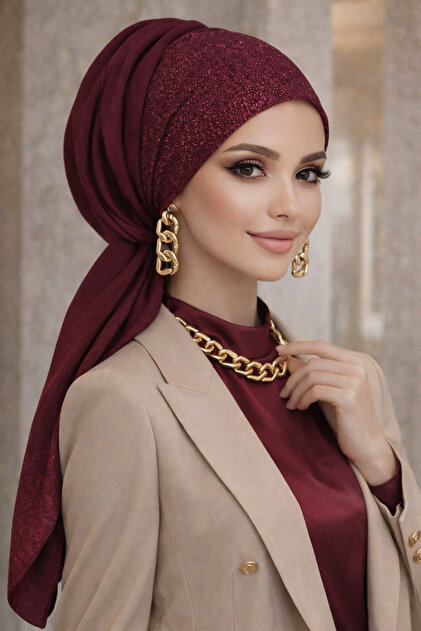 Aie Tesettr Burgundy Glitter Evening Dress with Buckle Bonnet /  Ready-Made Veil- Trendyol