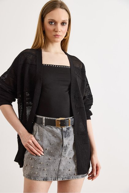 Women's Black Patch Patterned Openwork Boho Seasonal Cardigan Hrk-19000485