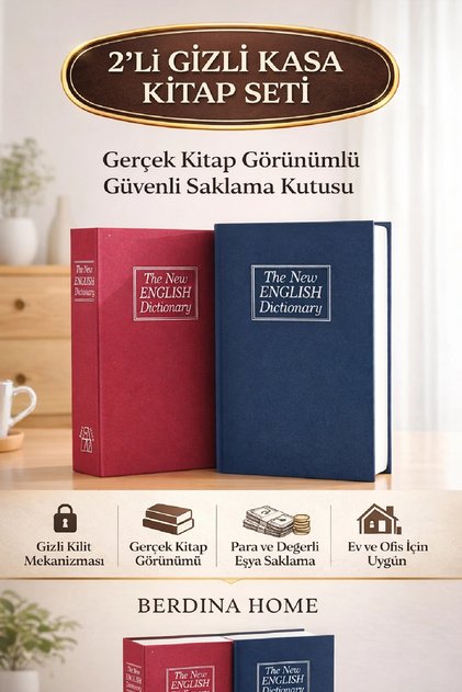 2li Büyük Boy Kitap Şeklinde Anahtarlı Gizli Kasa Para Altın Saklama Hırsız Kilitli Dekoratif Kumbar
