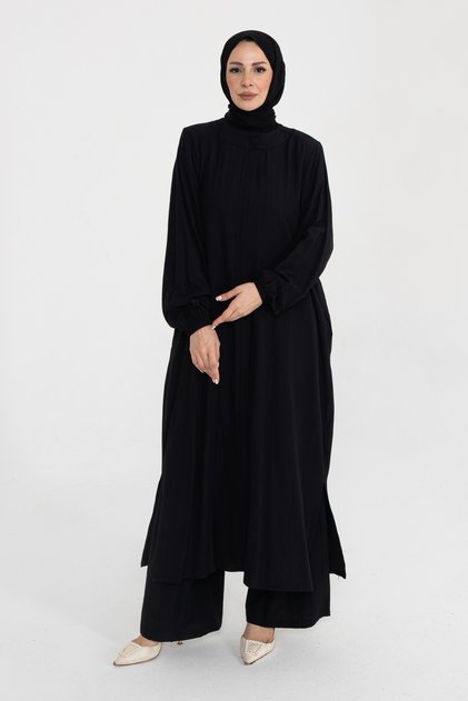 Mercan Tunic Trouser Set Viscose Star Fabric Black- 422607