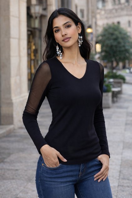 Women's Blouse Black V-Neck Tulle Sleeves Long Sleeve Basic Transparent Stretchy Casual