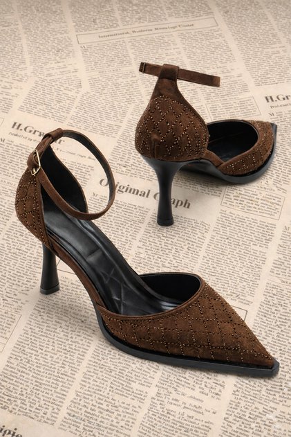 Stylish Heeled Women's Shoes with Stone Detail – Elegant and Modern Design Acıkahve