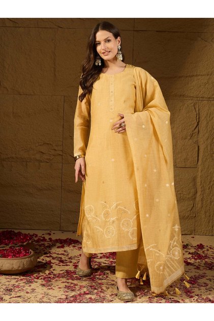 Yellow Chanderi Woven Design Straight Kurta Trouser with Dupatta