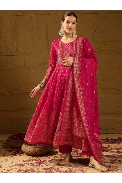 Red Silk Blend Ethnic Motifs Anarkali 3-Piece Kurta Set