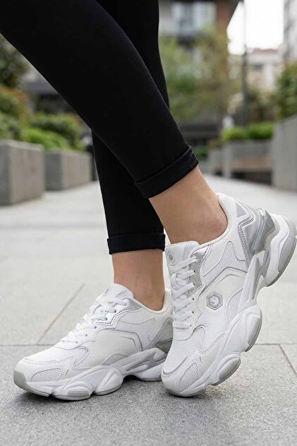 Pantofi sport albi argintii sneakerși pentru femei - Pantofi sport cu talpă groasă, stil casual confortabil