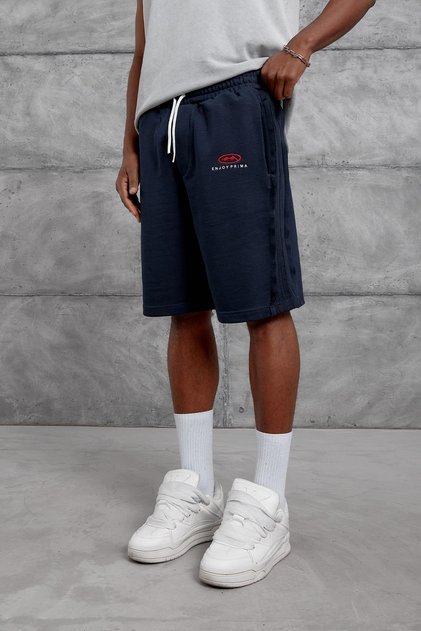 Men's Shorts Nakis Navy Blue Oversize Printed Loose Fit 3 Thread Without Threaded Stitching