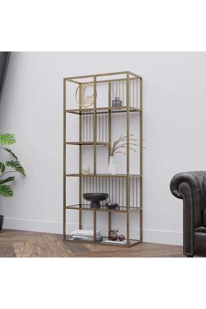 Lina Metal Kitaplık Gold | Dikey Çubuk Detaylı Camlı Raf Ünitesi | Salon ve Çalışma Odası Dekoratif Kitap Rafı