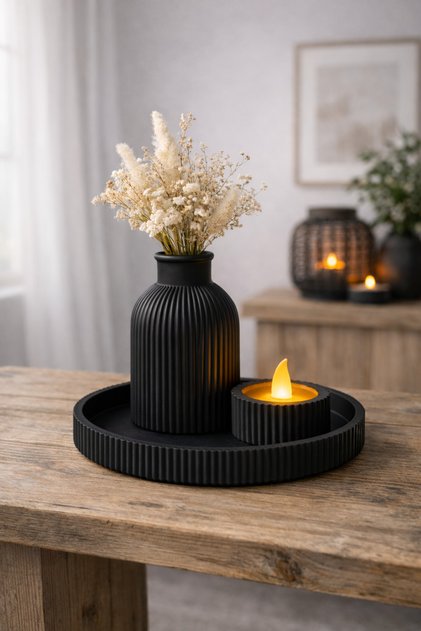 3D Baskı Dekoratif Vazo Mumluk Tepsi Seti | Modern Ev & Masa Üstü Dekoru