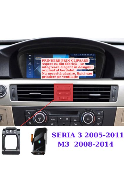 Suport telefon cu incarcare wireless 15W, prindere dedicata pentru BMW Seria 3 E90/E91/E92/93 05-11