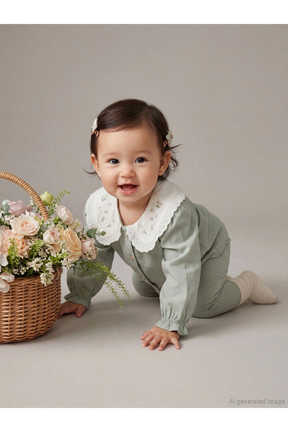 Lcw Baby Green Peter Pan collar Embroidered Long Sleeve Baby Girl Set