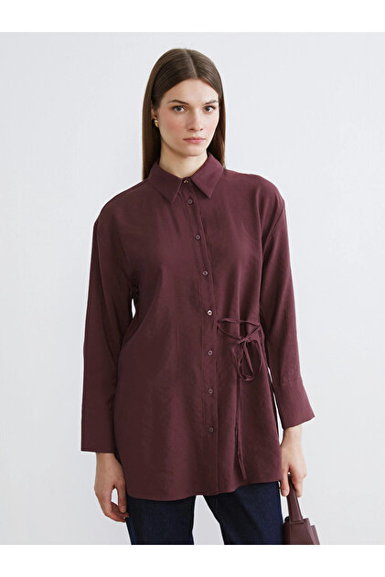 Lcw Modest Burgundy Women's Shirt Tunic with Tie Detail