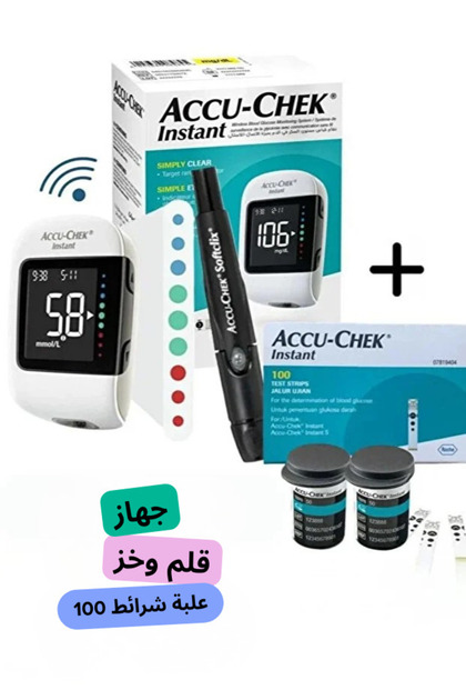 جهاز قياس نسبة سكر الدم بميزة الاتصال اللاسلكي + قلم وخز + علبة شرائط اختبار 100 شريط من أكيوتشيك