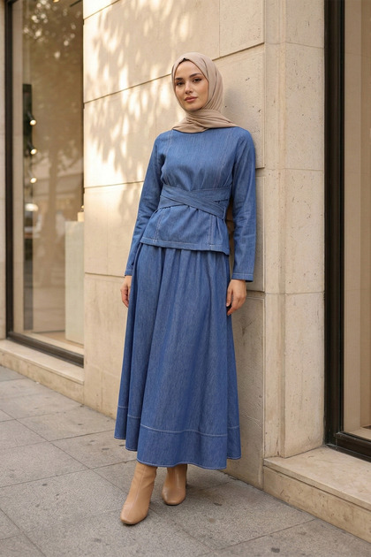 Beli Cross-Lace Skirt Tencel Skirt Set Indigo - Indigo