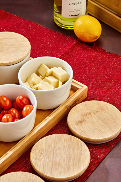 Cooker Leo 6'lı 10 cm Porselen Bambu Kapaklı Tepsili Kahvaltılık
