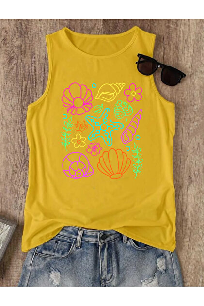Summer Neon Sea Shell B Printed Summer Sleeveless Crew Neck Women's Tshirt
