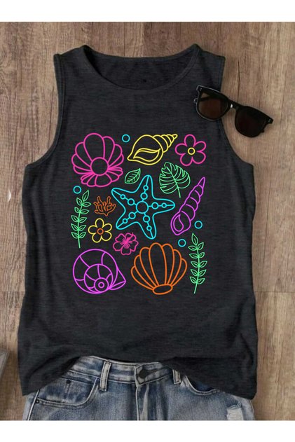 تيشيرت نسائي صيفي بدون أكمام برقبة دائرية من SUMMER NEON SEA SHELL B مطبوع