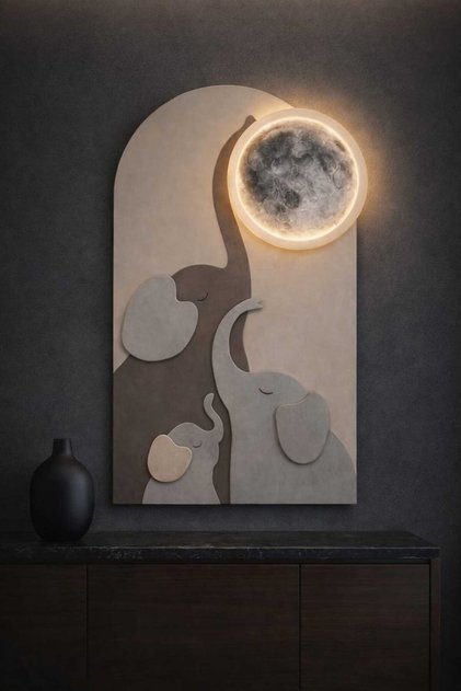 LED Işıklı Fil Ailesi Duvar Dekoru 80 x 40 cm 3D Ay Tasarımlı Modern Çocuk Odası & Salon Dekorasyonu