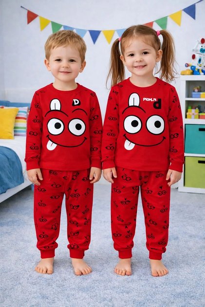 Eye Printed Cotton in 1 Quality Girls/Boys Double Set (Pijama Set)